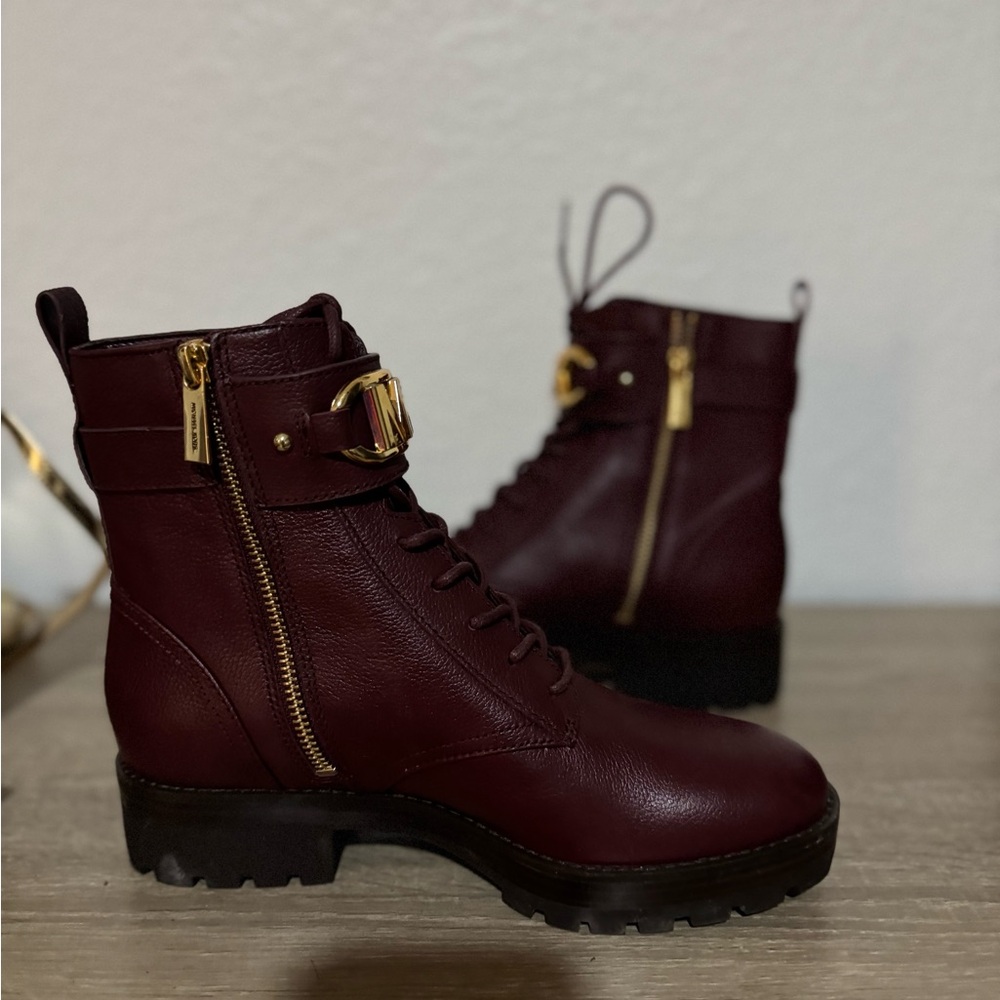 Michael Kors Burgundy Combat Boots with Gold Accents